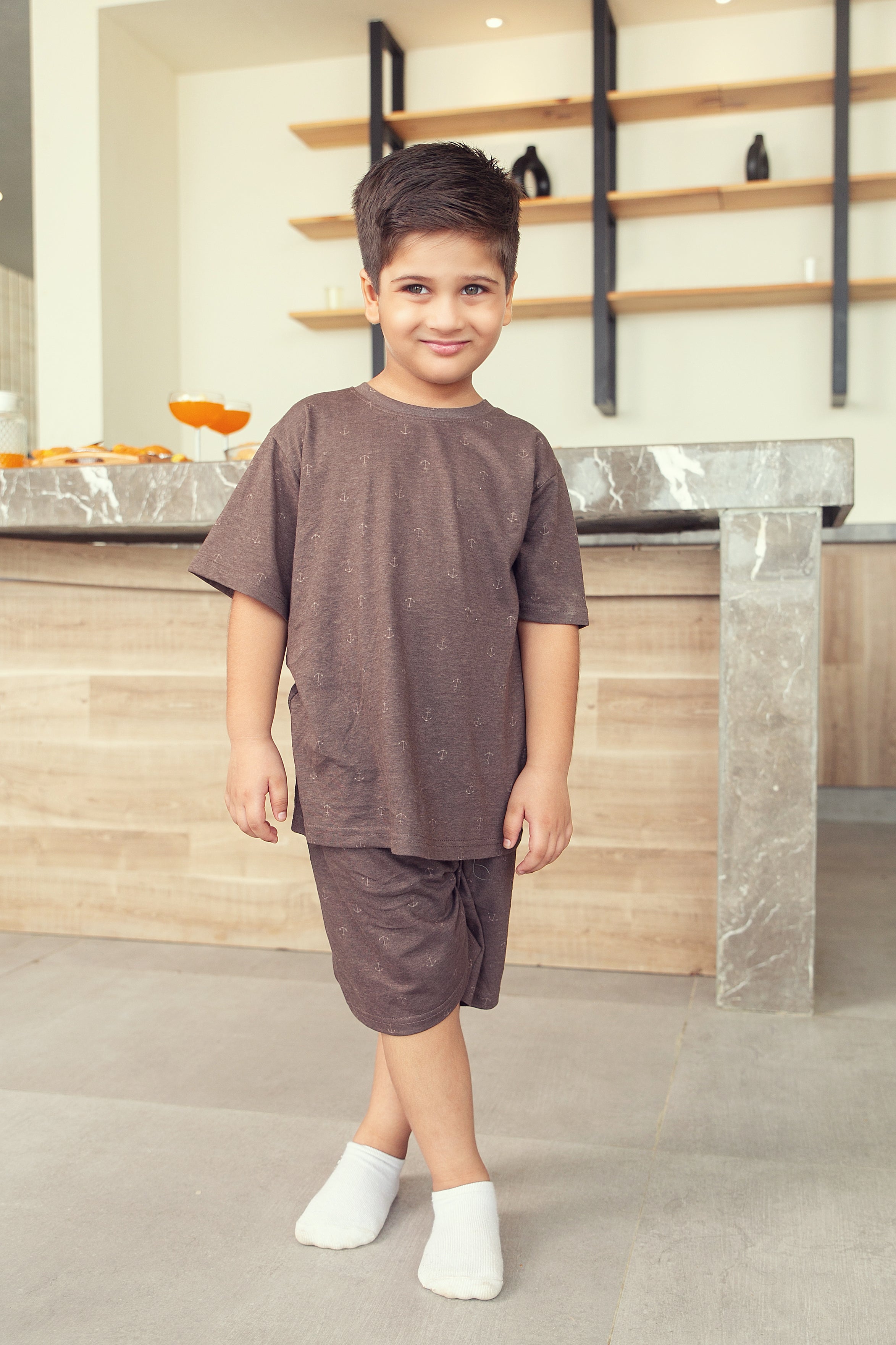 Brown Anchor Shorts Set - Boys